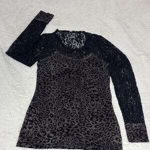 BKE Animal Print Top with Black Lace Sleeves